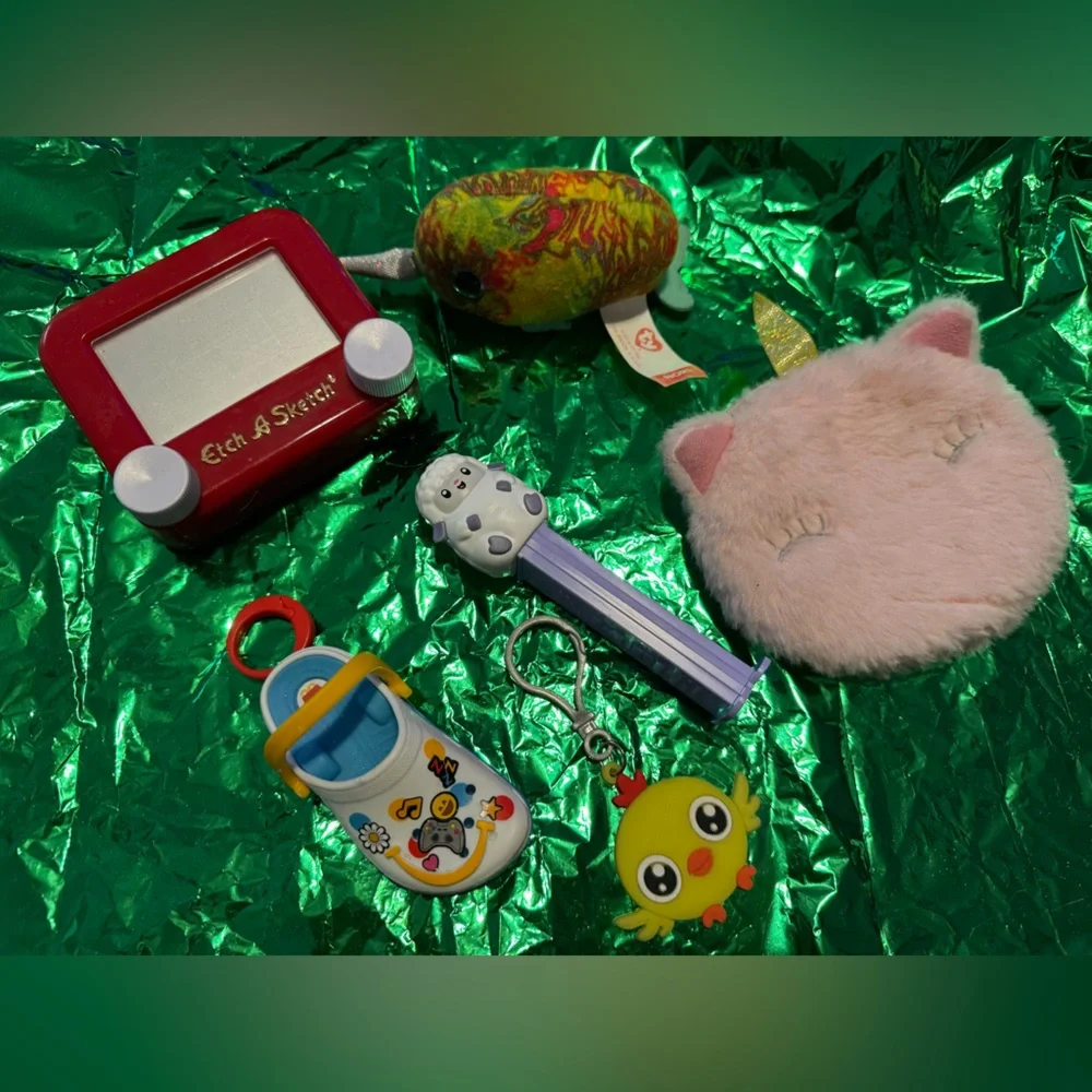 Misc small toys unicorn cat plush coin purse, McDonald’s croc, etch a sketch, TY